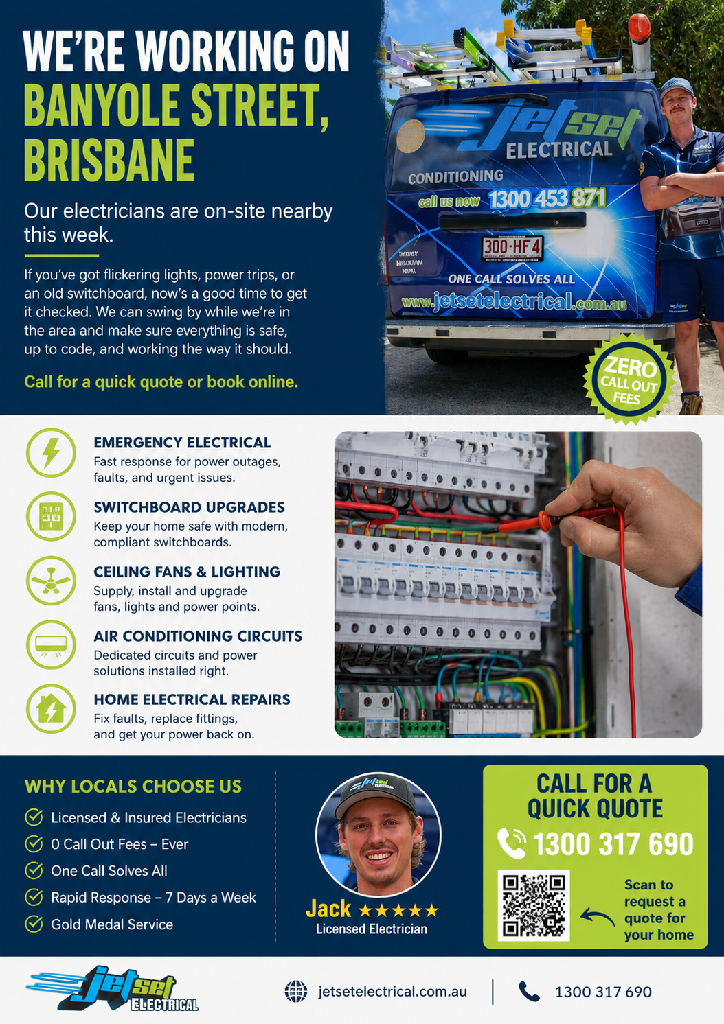 Localised Jetset Electrical postcard for Banyole Street, Brisbane