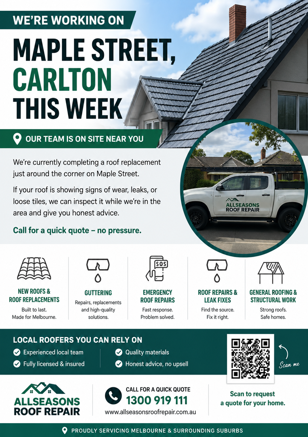 Localised All Seasons Roof Repair postcard for Maple Street, Carlton